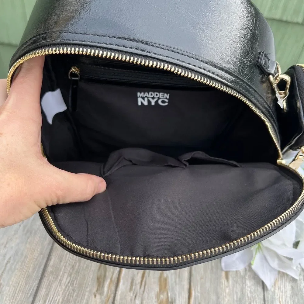 Madden NYC Black Faux Leather Mini Backpack with Gold Hardware